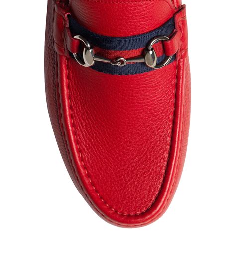 gucci mens 9.5g red pebbled damo horsebit web driving moccasin